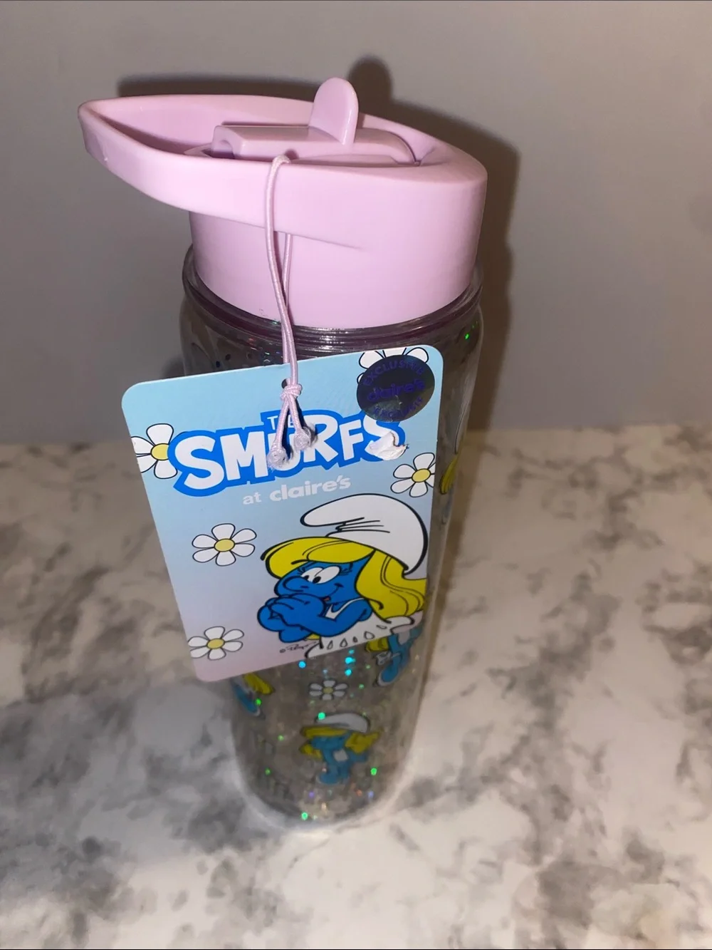 Claire's Pink Smurf Glitter Flip Straw Water Bottle